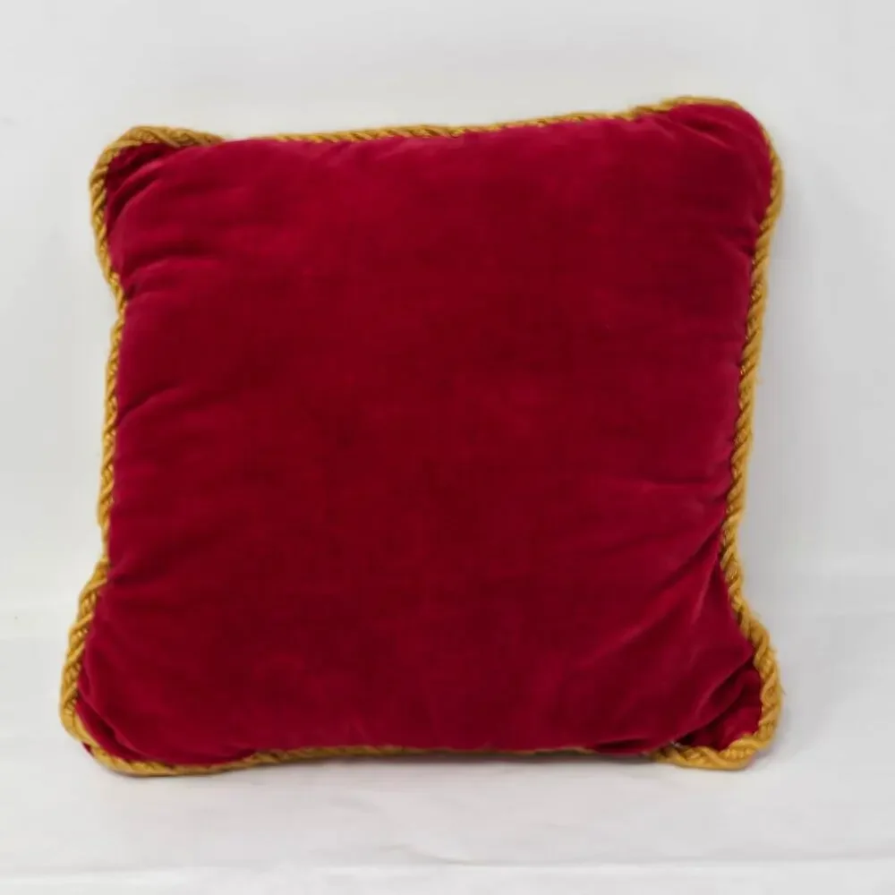 Christmas Throw Pillow Snowman Embroidered Velvet Red Gold 10 x 10 Inch Square